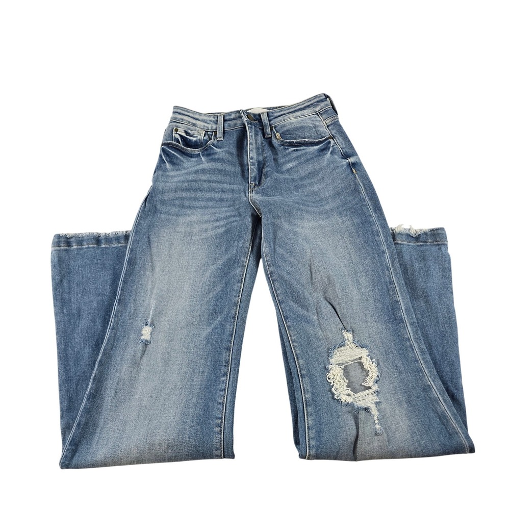 Petra 153 Women High Rise Distressed Flare Jeans Blue Raw Hem P289F-MD Size 7/27